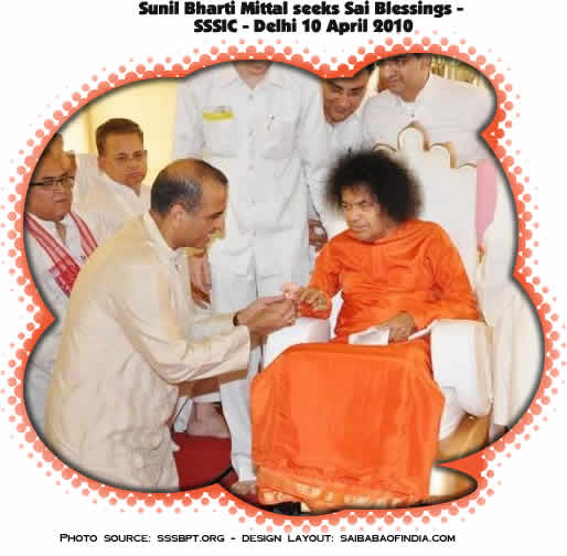 Chairman and Managing Director of Bharti Telecom that runs Indias largest cellular company, Airtel, Sunil Bharti Mittal seeks Sri Sathya Sai Baba's Divine Blessings - Delhi 10 April 2010